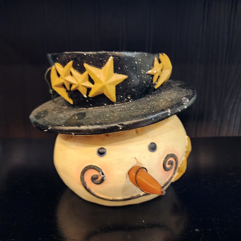 Rustic Primitive Snowman Bucket with Star Hat Holiday Decor